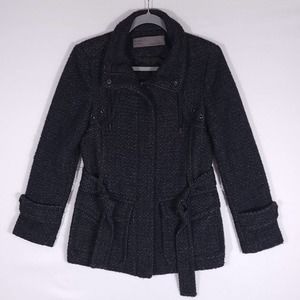 Zara Womens Wool Coat Jacket Size Medium Tweed Black Drawstring Snap Turtleneck